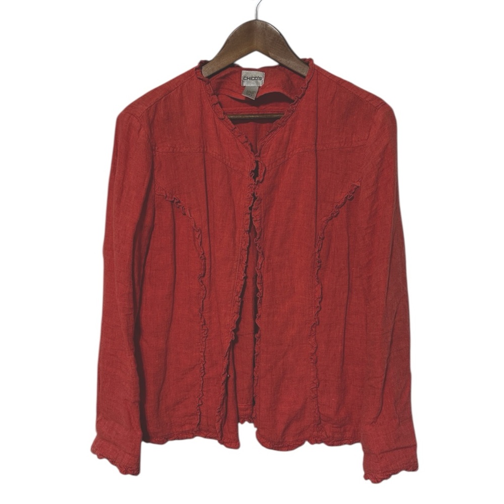 Vintage Chico’s Linen Ruffle Long Sleeve Clasp Button Front Top Dusty Coral Pink